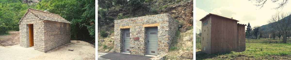 Toilettes sèches extérieures en bois ou pierres sur-mesure