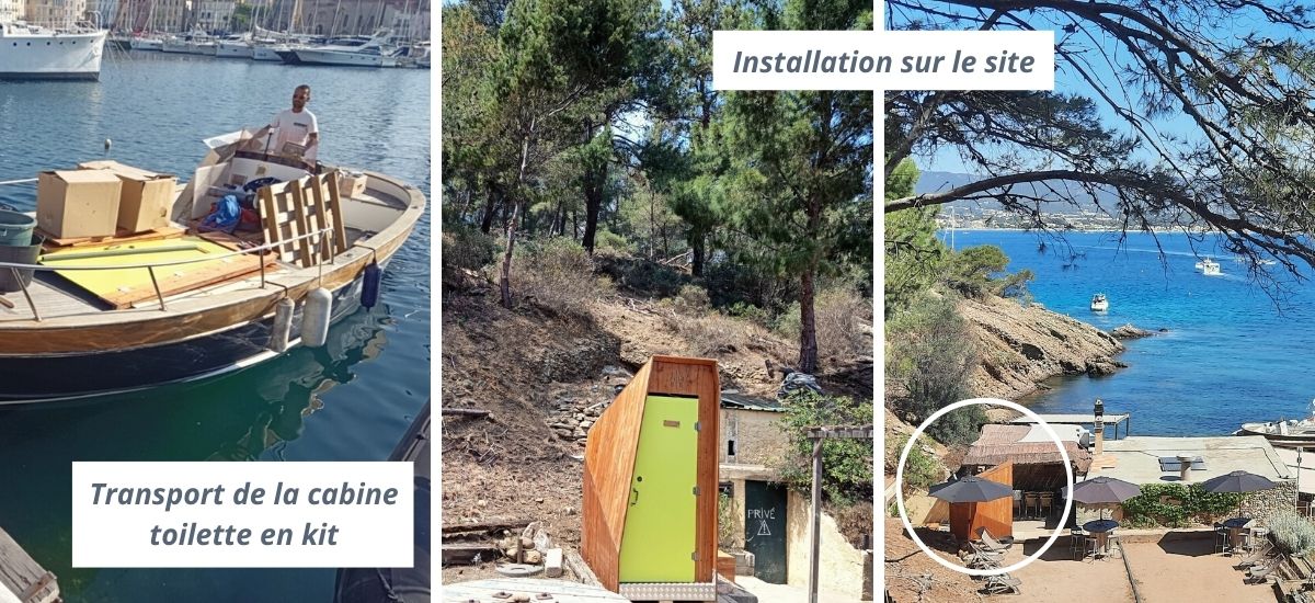 livraison toilettes démontables en bateau sur une plage